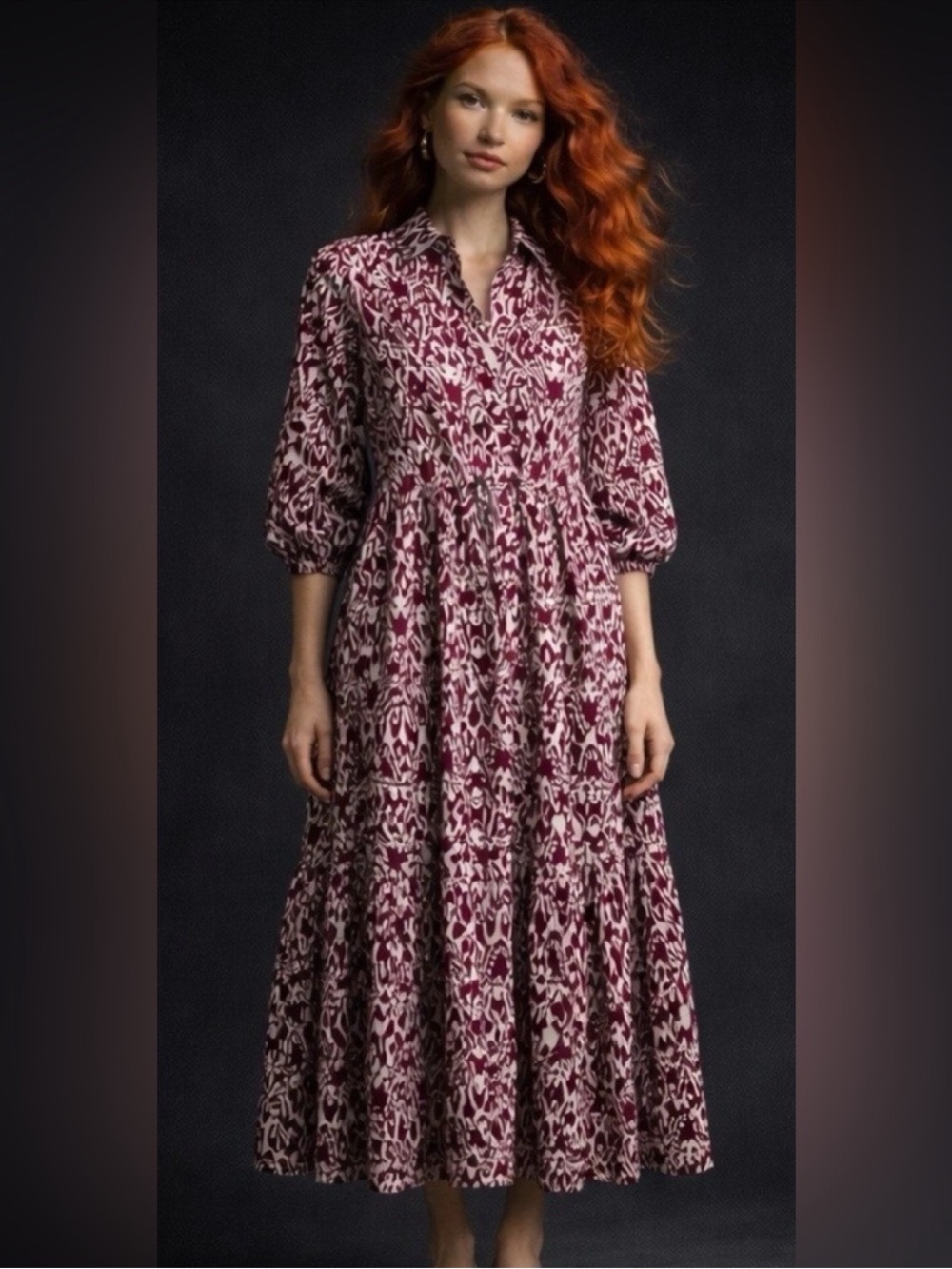 ANTEBOPOLOGIE Maeve The Bettina Midi Dress in Wine Burgundy White Ikat Size M